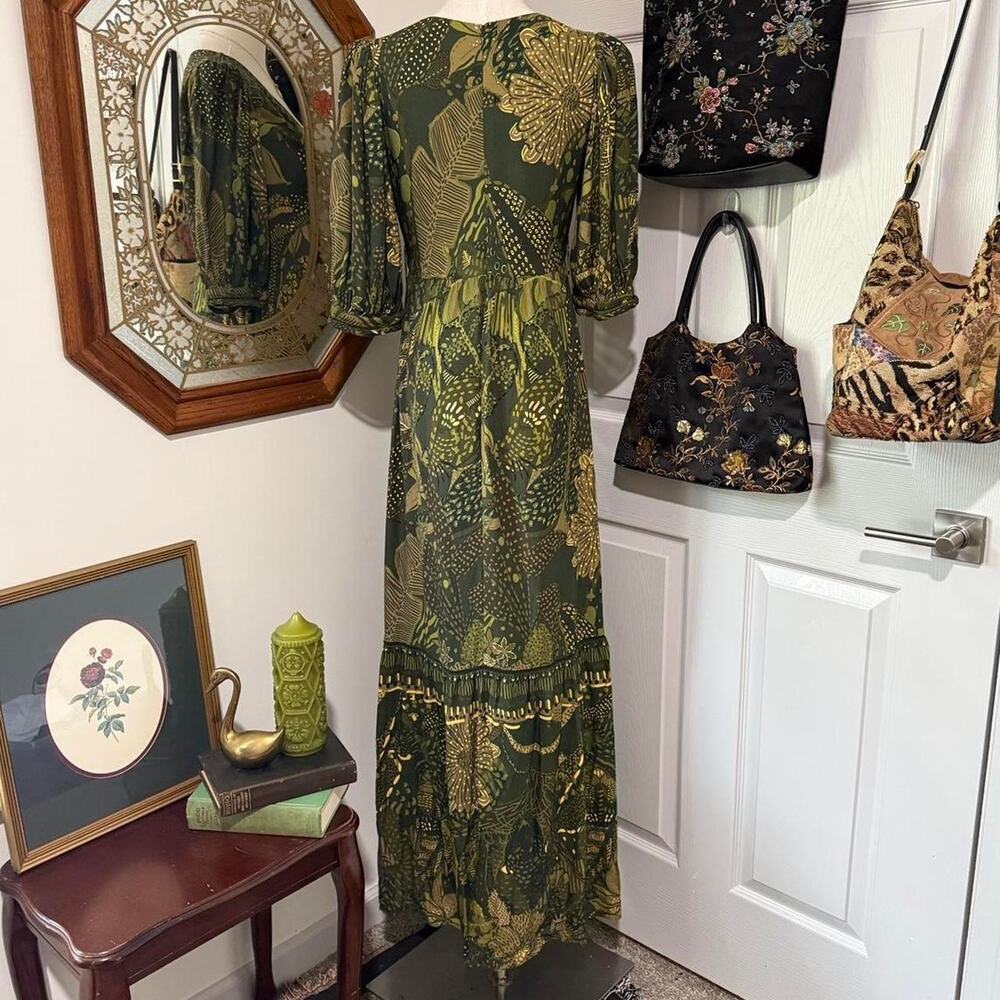 Farm Rio Dark Green & Yellow Tropical Floral Pattern Puff Sleeve Tiered Dress - Picture 4 of 8
